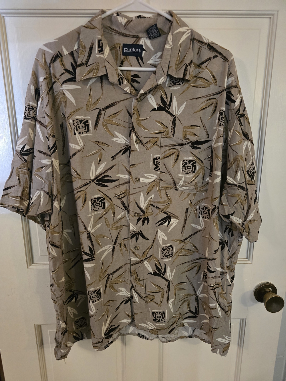 Puritan Beige Bamboo-Print Short Sleeve Button-Down Shirt #346
